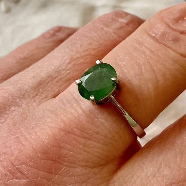 EMERALD White 14K Gold & STERLING Ring- Vintage Art Deco - Natural great Emerald - Elegant Solitaire Vintage Ring