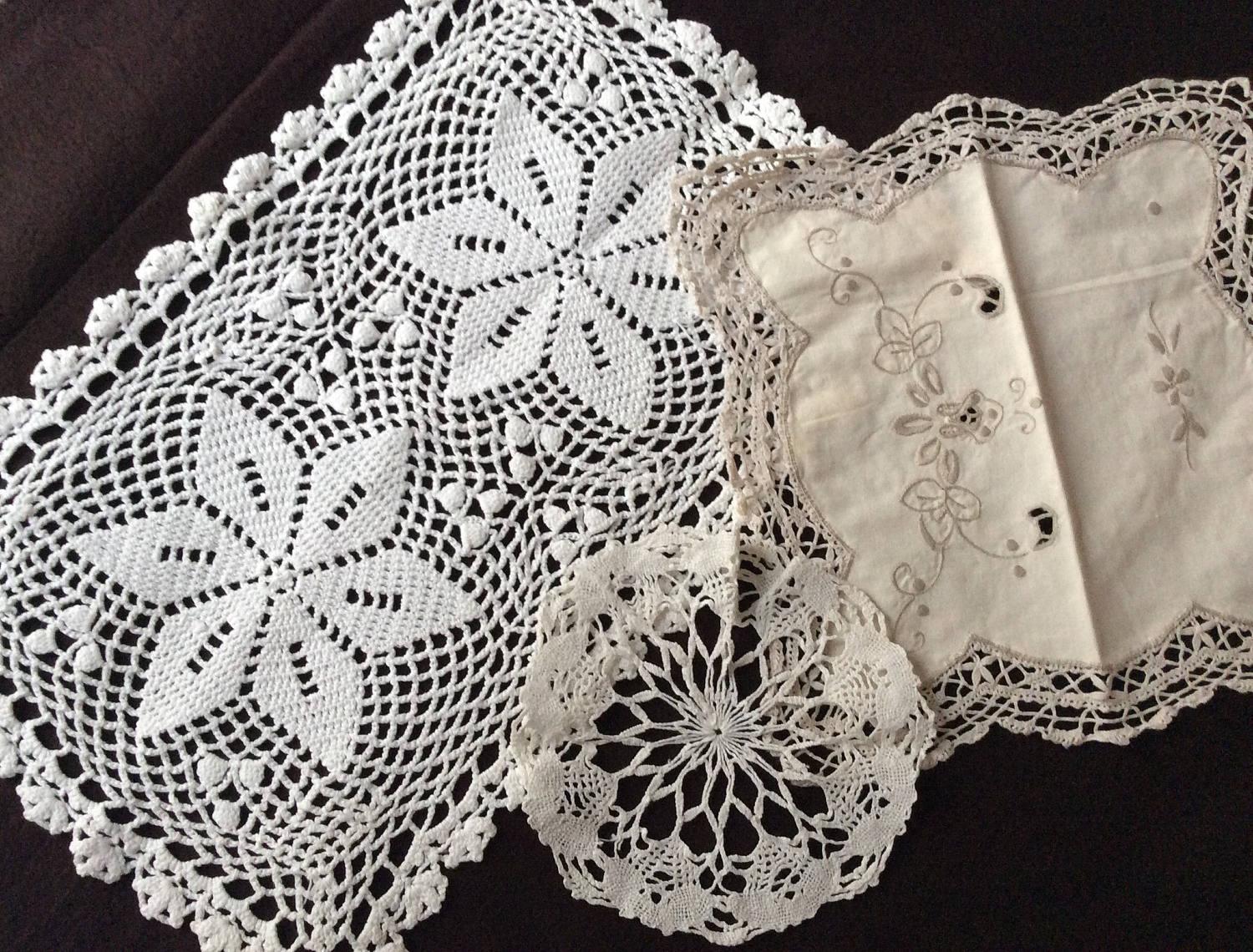 Antik French 3 Lace Napkins - Beautiful Antique France Hand Made- Linen & Coton- Hand Made