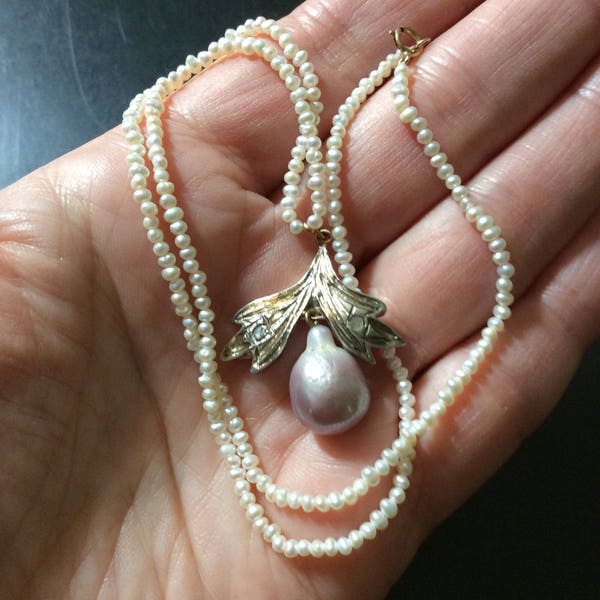 French EXCEPTIONAL ANTIQUE NECKLACE- Seed Pearl- Old cut Diamonds- 18K Gold & Silver- Huge Baroque Pearl- Antique from France