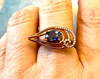 GENUINE SAPPHIRE Rose gold / Sterling Ring- French Jewelry- Beautiful Blue Sapphire- Elegant & Classic Ring- from France