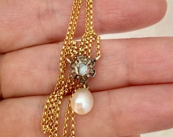 ANTIK DIAMOND PEARL Gold Vermeil Sterling Necklace Pendant- Stunning Luxury Jewel- Chain- old cut Diamond from France