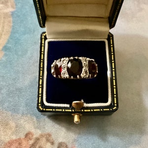 TRILOGY GARNET STERLING Vintage Ring- Famous Victorian trilogy- Red Genuine Garnet- Large Design- Garnet from France