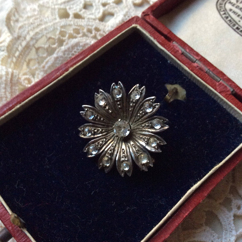 Nice antique jewelry Rose gold White stone ANTIQUE XIX STERLING Gold Brooch Authentic Antique brooch Silver from France