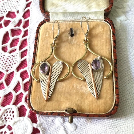 AMETHYST Sterling Vintage Earring - Modernist Original Designer Jewelry - Genuine Amethyst - Sterling silver- Design from France