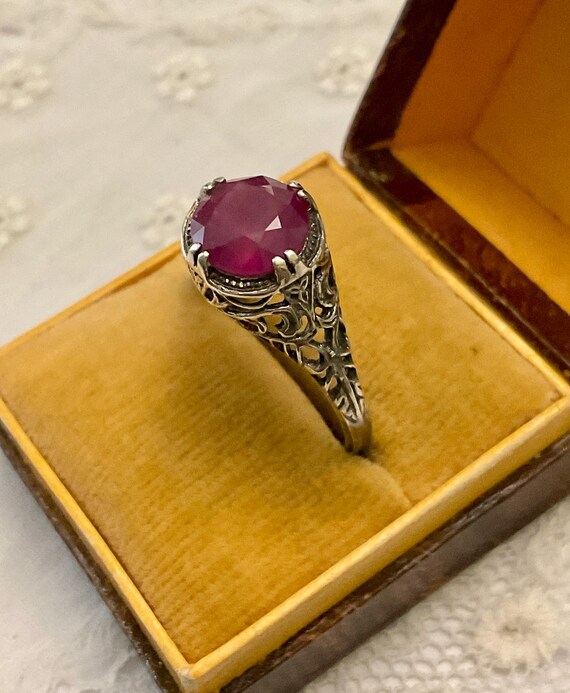 VICTORIAN Nice RUBY STERLING Ring - Fine Carved D… - image 5