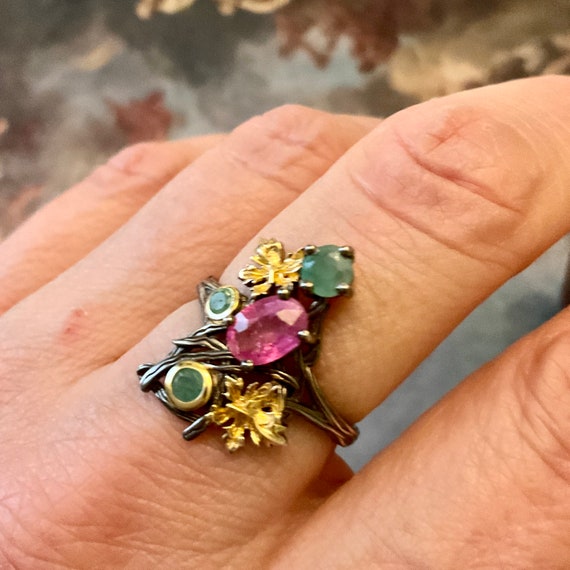 RUBY EMERALD GOLD & Sterling Ring- Uniqie Designe… - image 4