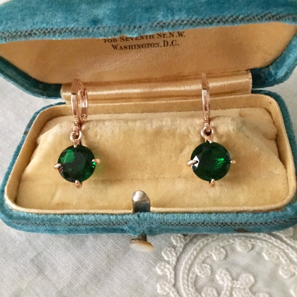 Vintage EMERALD ROSE GOLD Plated Earrings- Very Nice  Art Deco Earrings - Sparkly Grenn Stone - Elegant Design Jewelry- from France