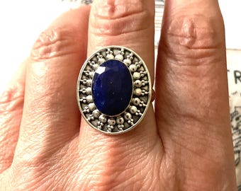 Genuine BLUE SAPPHIRE - Sterling silver- Beautiful Vintage Ring- Natural Gorgeous Sapphire- Unique Vint Jewel from France