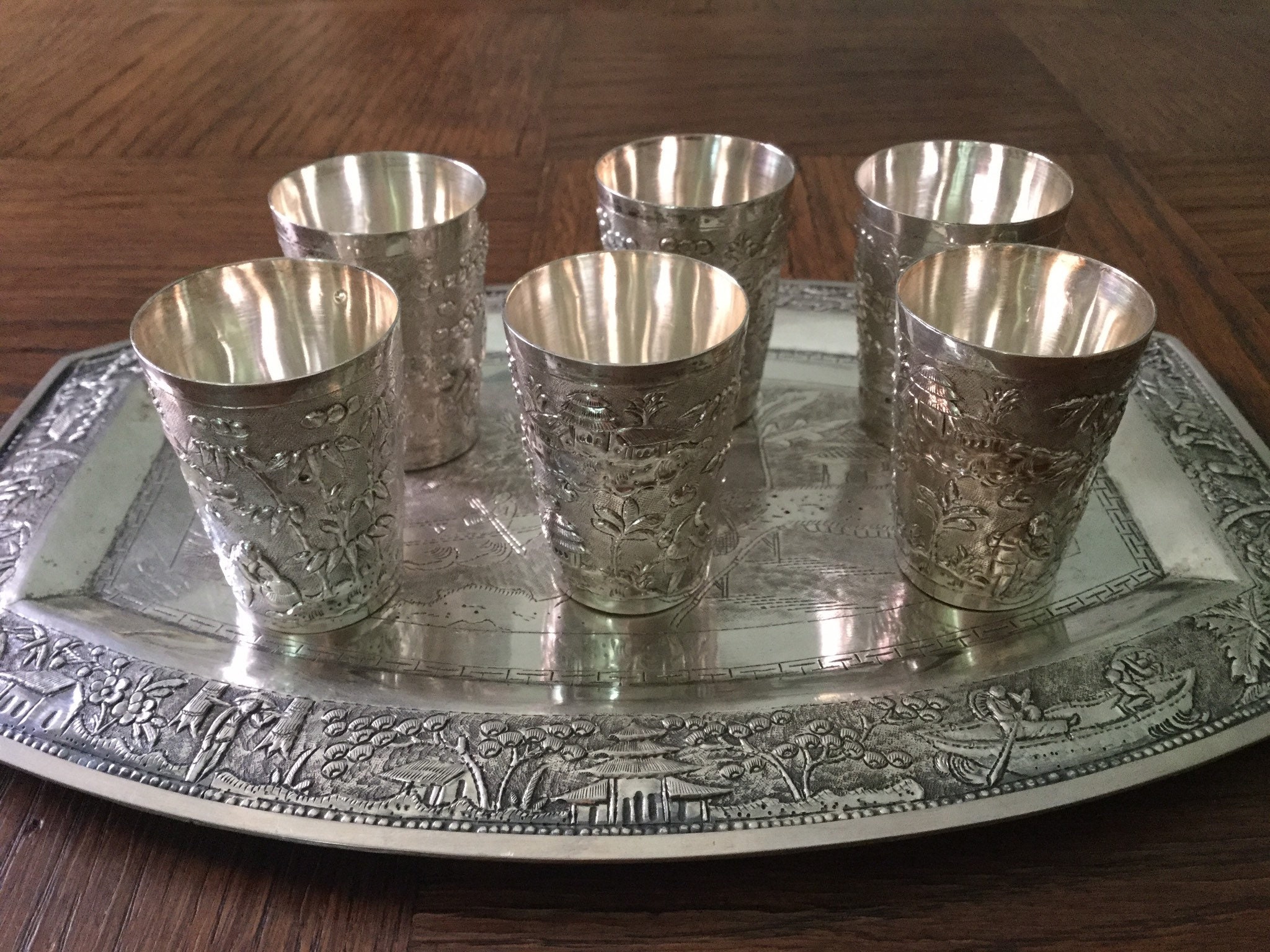 19Th China Export Antik Set Plateau & 6 Gobelet Carved Solid Silver - Hallmark - Unique Piece Collec