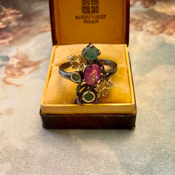 RUBY EMERALD GOLD & Sterling Ring- Uniqie Designe… - image 3