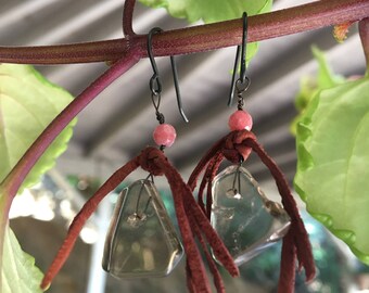 Handcrafted organic-shaped Smokey Quartz Earrings w/ a faceted pink sodalite stone