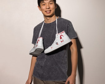 Men's High Top Canvas Shoes, Christmas Gnome Design, Holiday Fashion