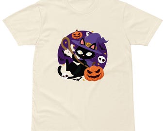 Halloween Tee, Black Cat Design, Unisex Cotton T-Shirt