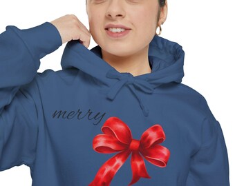 Christmas Red Bow Hoodie - Unisex Garment-Dyed Cotton-Blend Fleece