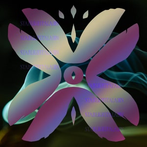 May include: A stylized butterfly design with a gradient of pink, purple, and yellow. The design is set against a dark background with a blue and green smoke effect.