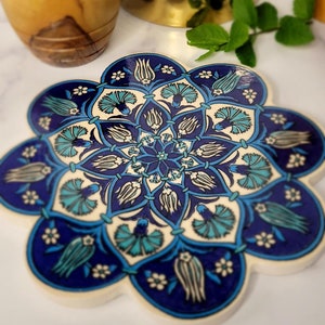 Traditional Iznik Turkish Ceramic Art Hand Painted 7” trivet, Hot plate, Pot holder, Turquoise Tulip design , Free shipping
