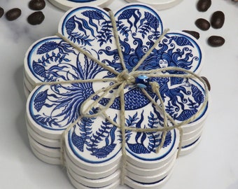 Set of 4 Turkish Ceramic Coasters, Non-slip bottom, Mermaid design, Free shipping