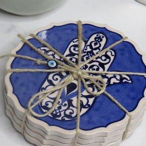 Set of 4 Turkish Ceramic Coasters, Non-slip bottom, Hamsa design, Free shipping
