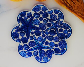 Traditional Iznik Turkish Ceramic Art Hand Painted 7” Trivet, Hot plate, Starfish design, Free shipping