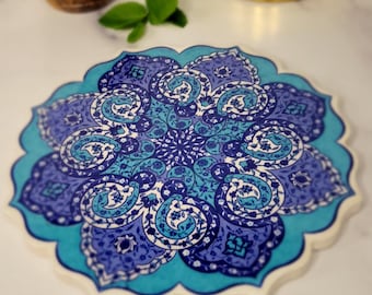 Hand-Made Iznik Turkish Ceramic Trivet: Blue Loop Design, 7"