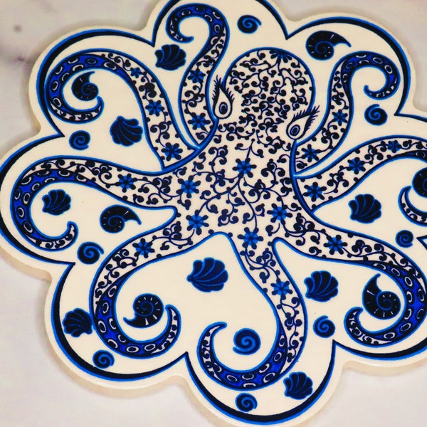 Traditional Iznik Turkish Ceramic Art Hand Painted 7” trivet, Hot plate, Pot holder , Octopus design, Free shipping