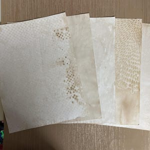 May include: A stack of five aged paper sheets with various textures and patterns. The papers range in color from off-white to light brown, with some featuring dotted or lace-like designs. The edges show signs of aging.