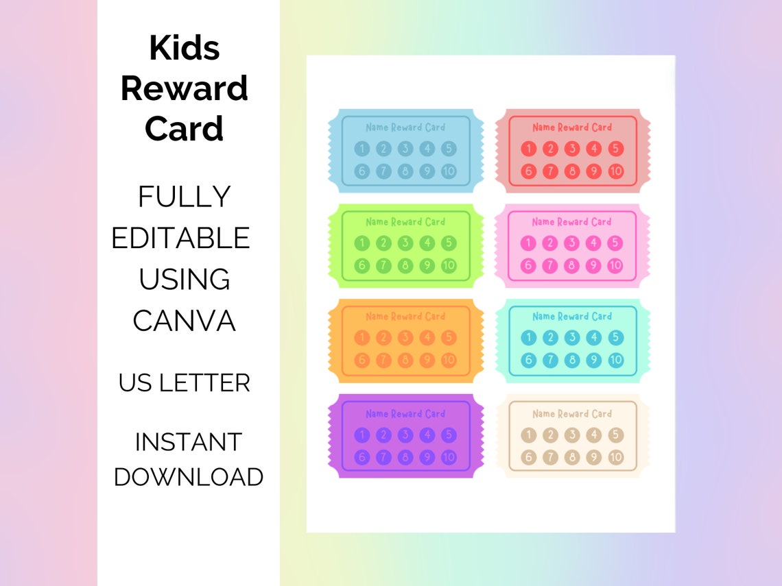 Editable Kids Reward Card, Printable Kids Punch Card, Punch Card Reward System, Class Reward ...
