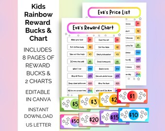 Rainbow Reward Bucks & Charts: Editable Kids Chore System (Digital Download)