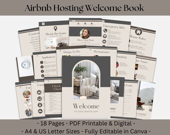 May include: A set of 18 printable pages for an Airbnb welcome book. The pages are designed in a modern style with a neutral color palette of beige and brown. The pages include sections for house rules, emergency information, things to do, and more. The text on the pages is editable in Canva. The pages are available in A4 and US Letter sizes.