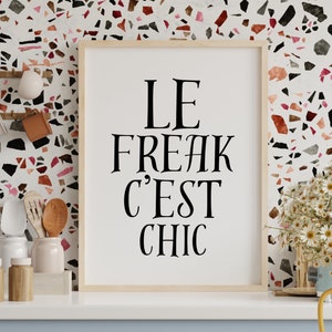 May include: A framed print with the text "LE FREAK C'EST CHIC" in black lettering on a white background. The print is hanging on a wall with a terrazzo pattern.