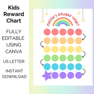 Editable Rainbow Kids Reward Chart, Printable Kids Reward Chart, Chore Tracking Chart, Homeschool Reward System, Editable In Canva,