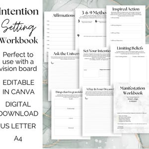 May include: A printable intention setting workbook with a white background and black text. The workbook includes pages for affirmations, a 3-6-9 method, inspired action, asking the universe, setting intentions, limiting beliefs, things you are grateful for, a day in your dream, and a manifestation workbook.