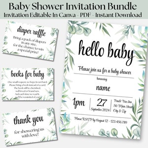 Greenery Baby Shower Invitation Bundle: Gender Neutral, Editable Canva (Digital Download)