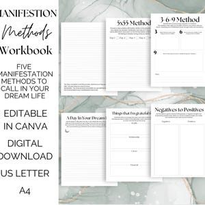 Puede incluir: Un cuaderno de trabajo imprimible con cinco métodos de manifestación para hacer realidad tu vida de ensueño. El cuaderno de trabajo es editable en Canva e incluye secciones "Método 5x55", "Método 3-6-9", "Un día en tu sueño", "Cosas por las que estoy agradecido" y "Negativos a Positivos". El cuaderno de trabajo está disponible en los tamaños US Letter y A4.