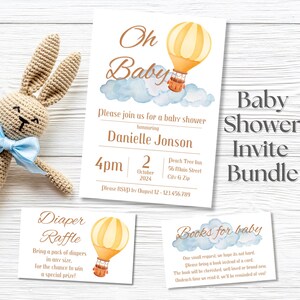 Convite editável para chá de bebê, tema neutro em termos de gênero, balão de ar quente, edição com Canva, pacote de convites, livros para bebês e rifa de fraldas,