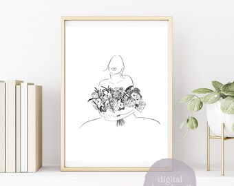 Bouquet Lady: Printable Wall Art, Digital Art Print Download, Minimal Woman Line Drawing with Flowers