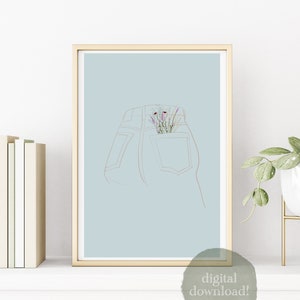 Flowers in Your Pocket: Floral Printable Wall Art, Digital Art Print Download, Wildflowers in Jean Pocket on Blue Background