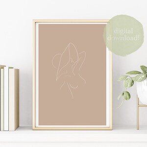 Sun Kissed Lady: Printable Wall Art, Digital Art Print Download Line Drawing, Woman in Sun Hat, Neutral Colored