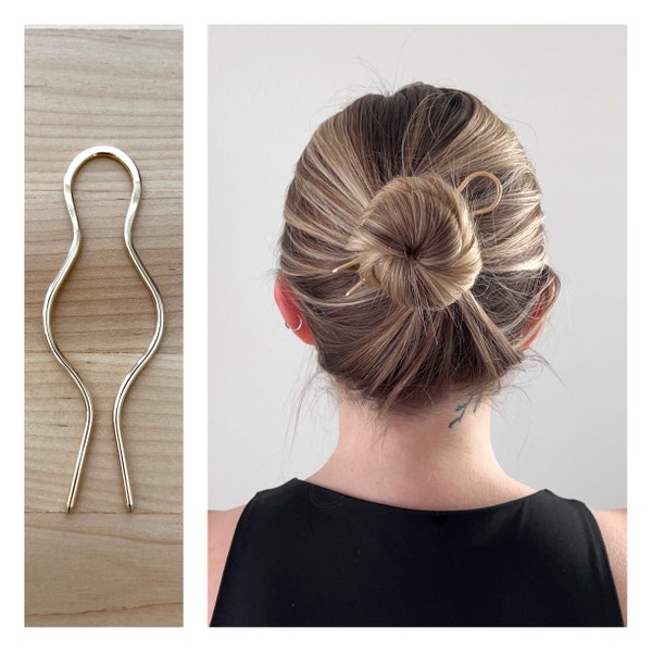 Large Lightweight Brass Hair Pin, Brass Bun Holder, Handmade Brass Hair Fork, Simple Minimalist Hair Pick