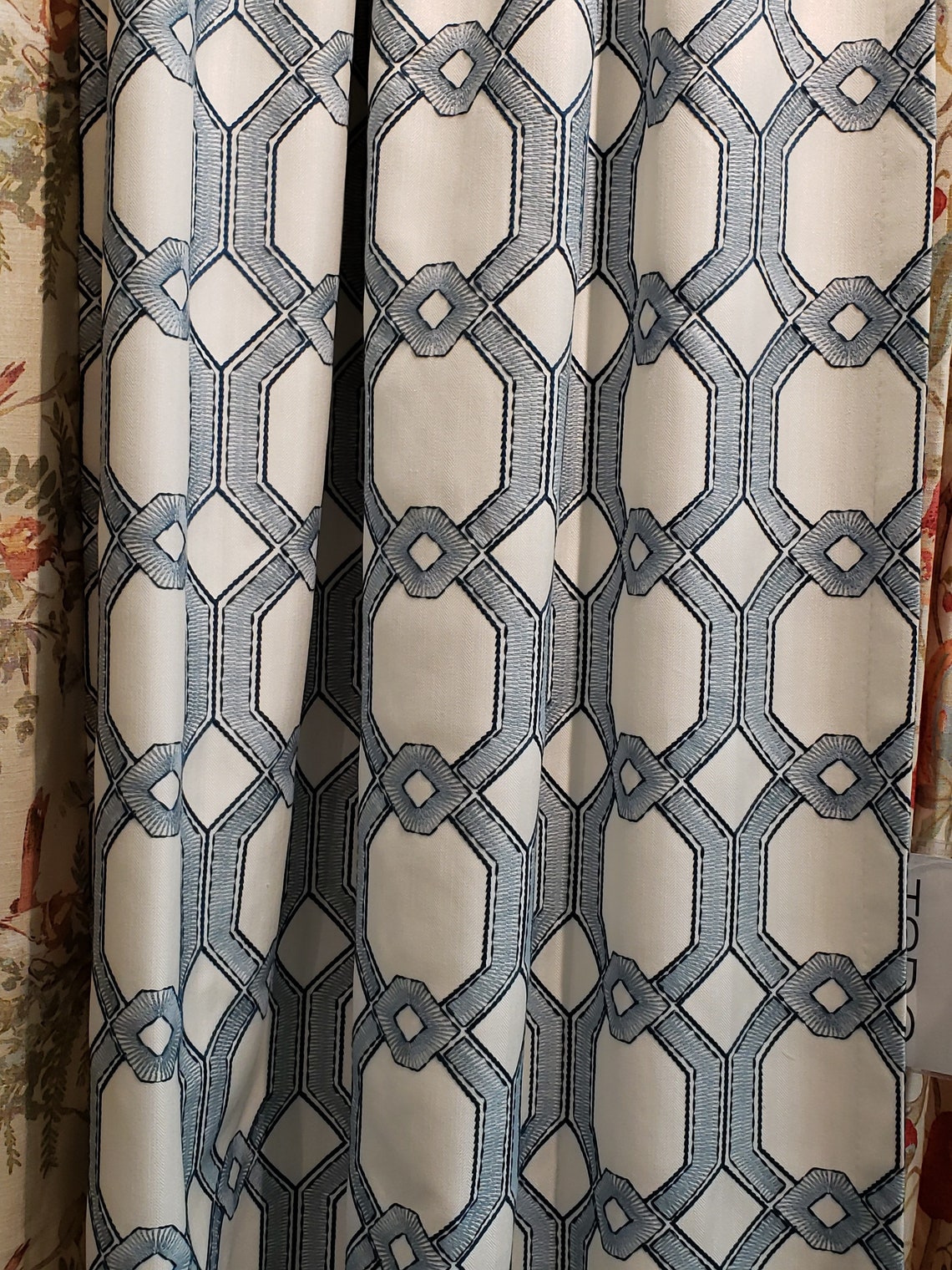Avenue Delft Blue Geometric Curtains Drapery Panels Floral Etsy
