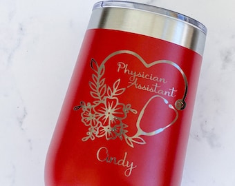 Physician Assistant PA Engraved Personalized Tumbler with name and Floral Stethoscope