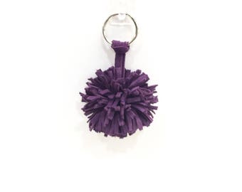 Purple Leather Pompom,Pompom Key Fob,Pompom Keychain,Purple Keychain,Pompom Clip,Leather Keychain,Pompom, Purple Tassel, FREE SHIPPING