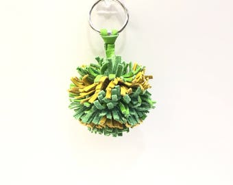 Green Bay Packers Key Fob,Green and Yellow Key Fob,Pompom Keychain,Pompom Clip,Leather Keychain,Green Bay,Green and Gold Fob, FREE SHIPPING