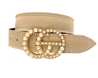 Luxury Cream Suede Belt, Neutral Belt, Light Beige Belt,Fashion Belt, New Trendy Belt, Dress Belt, Gold Pearl Buckle * SHIPS Next Day FREE *