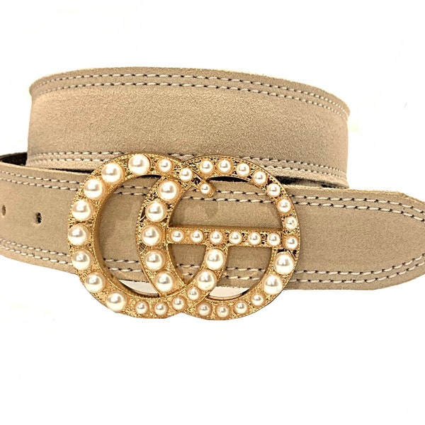 Luxury Cream Suede Belt, Neutral Belt, Light Beige Belt,Fashion Belt, New Trendy Belt, Dress Belt, Gold Pearl Buckle * SHIPS Next Day FREE *