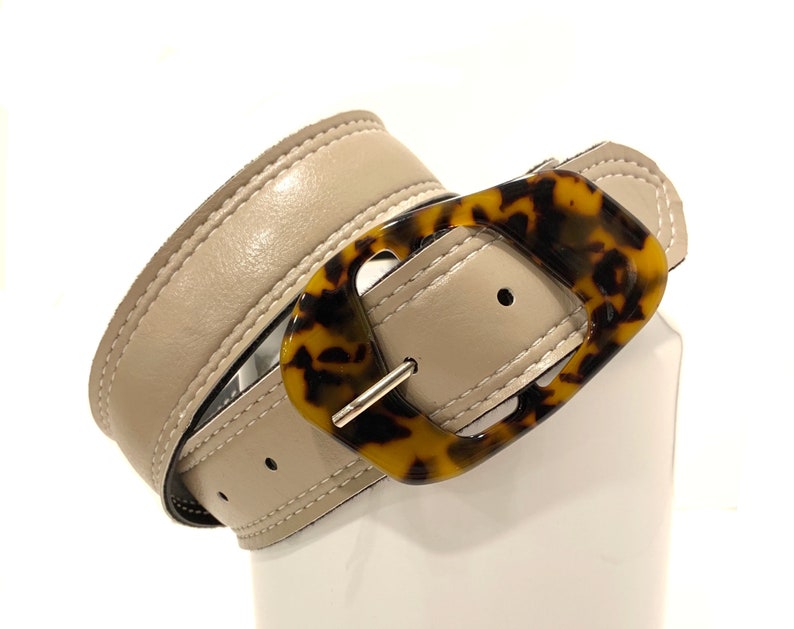 Taupe Vegan Leather Belt with Trendy Tortoiseshell Buckle image 0