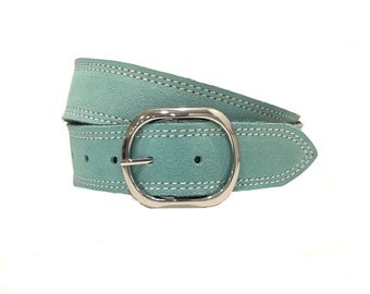 Aqua Suede Belt with INTERCHANGEABLE Buckle-Gold and Silver Oval Buckle INCLUDED-Mens and Women's Blue Belt for Pants *Ships Next Day FREE *