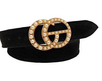 Luxurious Design New Trend Genuine Suede Two-layer Belt with Gold Pearl Buckle, Fashion Belt,  *READY TO SHIP *