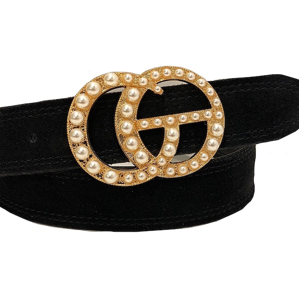 Luxurious Design New Trend Genuine Suede Two-layer Belt with Gold Pearl Buckle, Fashion Belt,  *READY TO SHIP *