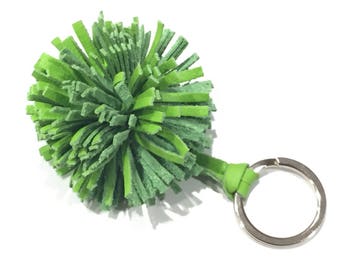 Green Leather Pompom, Pompom Key Fob, Pompom Keychain, Green Keychain,Pompom Clip,Leather Keychain,Pompom,Green Key Fob, FREE SHIPPING